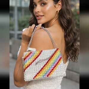 La Regale White Beaded Mini Bag with Rainbow Stripes
